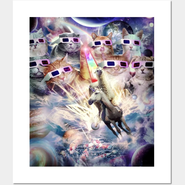 Rainbow Laser Cat With Llama On Unicorn In Space Wall Art by Random Galaxy